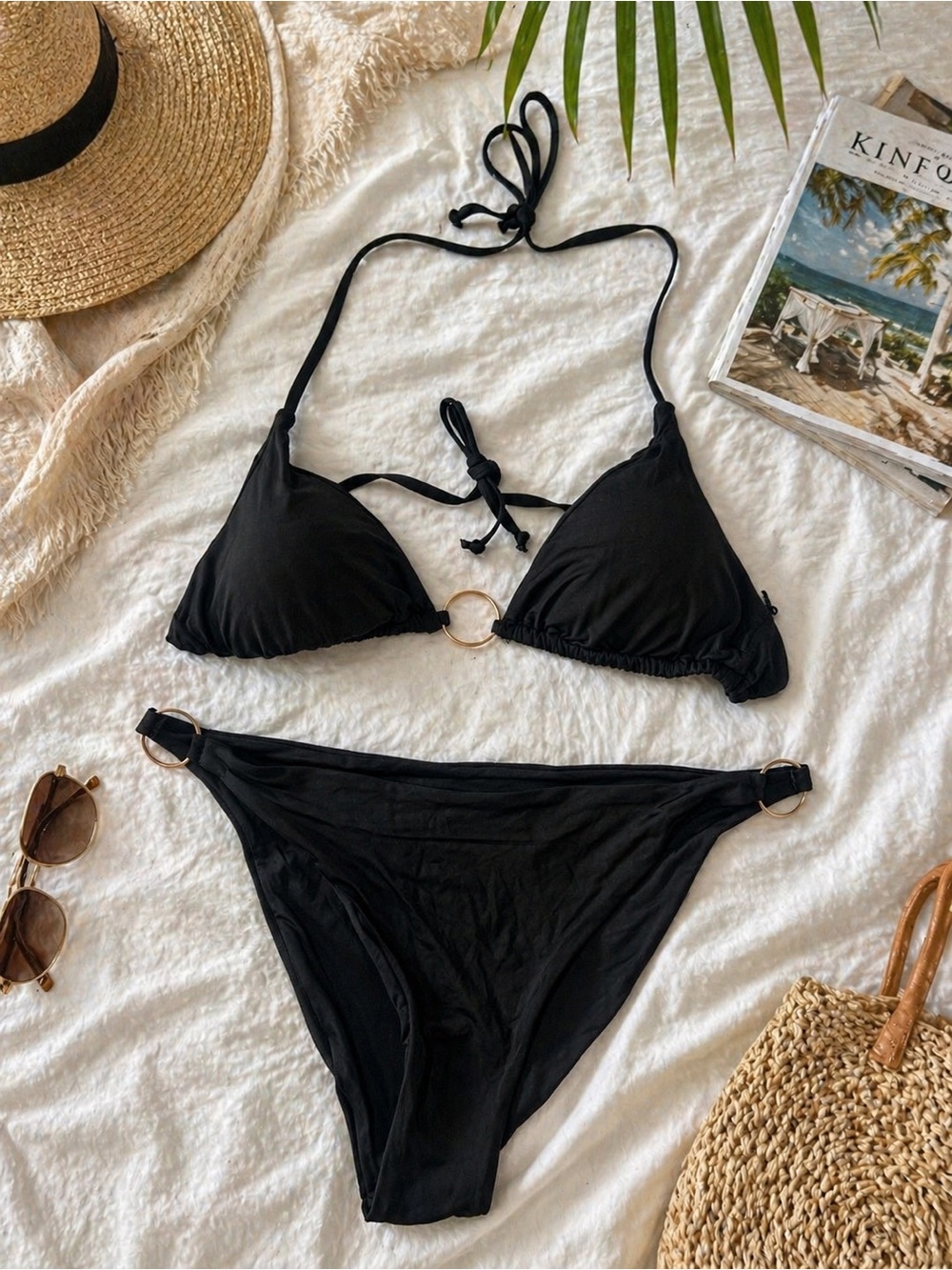 New Bebe Black Bikini Set Size L Gold Ring Detail Triangle Top High Cut Bottom
